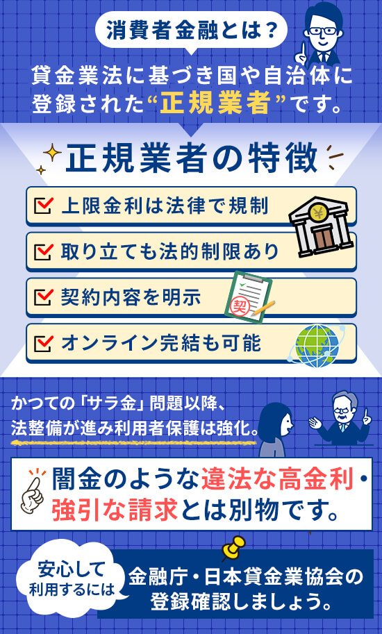 消費者金融とは許可制で法律に基づいて融資サービスを運営する貸金業者